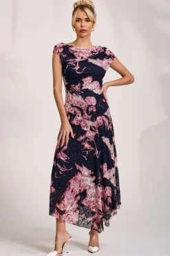 Jolie Moi Occasion Dresses|Sleeveless Dresses-Asymmetric Draped Print Lace Maxi Dress, Pink Abstract