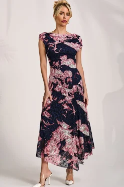Jolie Moi Occasion Dresses|Sleeveless Dresses-Asymmetric Draped Print Lace Maxi Dress, Pink Abstract