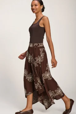 Jolie Moi Skirts-Asymmetric Embroidered Midi Skirt, Cocoa Brown