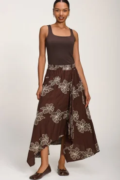 Jolie Moi Skirts-Asymmetric Embroidered Midi Skirt, Cocoa Brown
