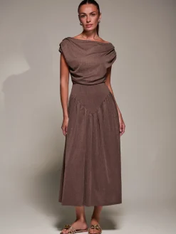 Jolie Moi Occasion Dresses|Maxi Dresses-Asymmetric Neckline Midaxi Dress, Brown