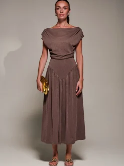 Jolie Moi Occasion Dresses|Maxi Dresses-Asymmetric Neckline Midaxi Dress, Brown