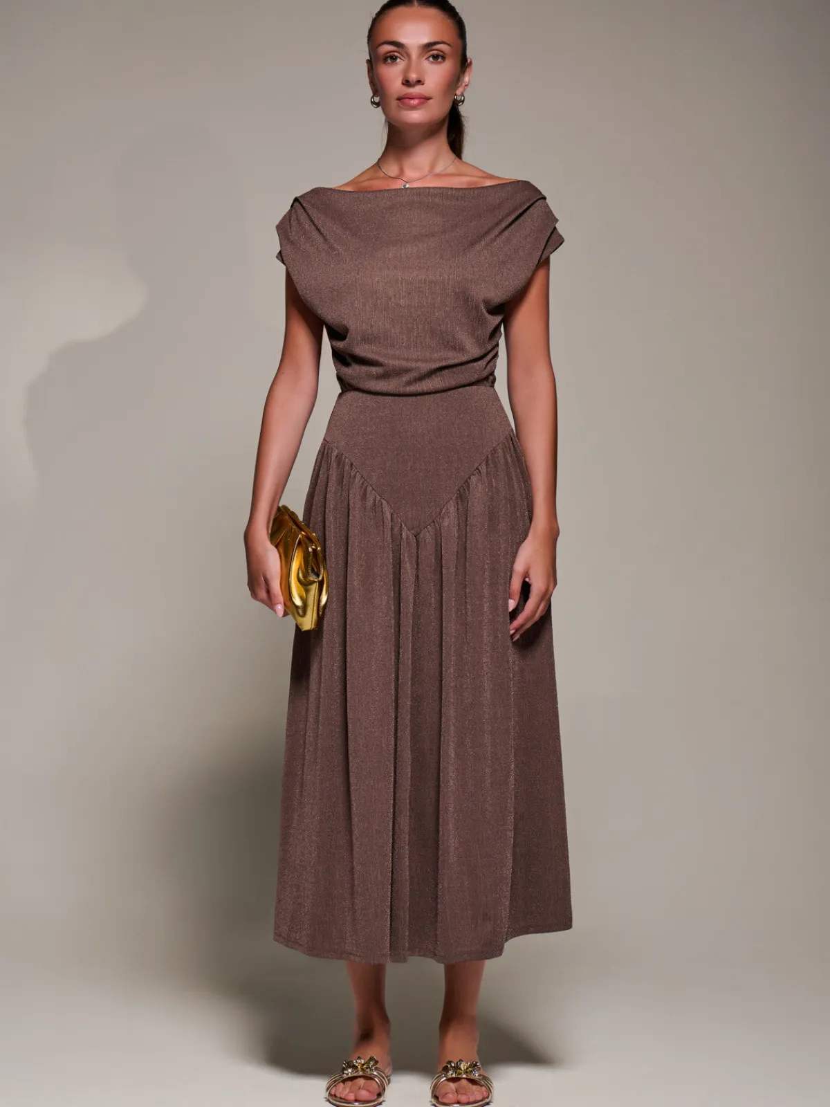 Jolie Moi Occasion Dresses|Maxi Dresses-Asymmetric Neckline Midaxi Dress, Brown