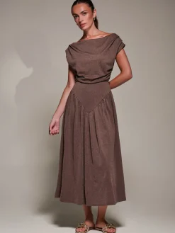 Jolie Moi Occasion Dresses|Maxi Dresses-Asymmetric Neckline Midaxi Dress, Brown