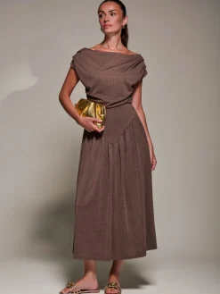 Jolie Moi Occasion Dresses|Maxi Dresses-Asymmetric Neckline Midaxi Dress, Brown