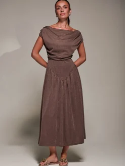 Jolie Moi Occasion Dresses|Maxi Dresses-Asymmetric Neckline Midaxi Dress, Brown