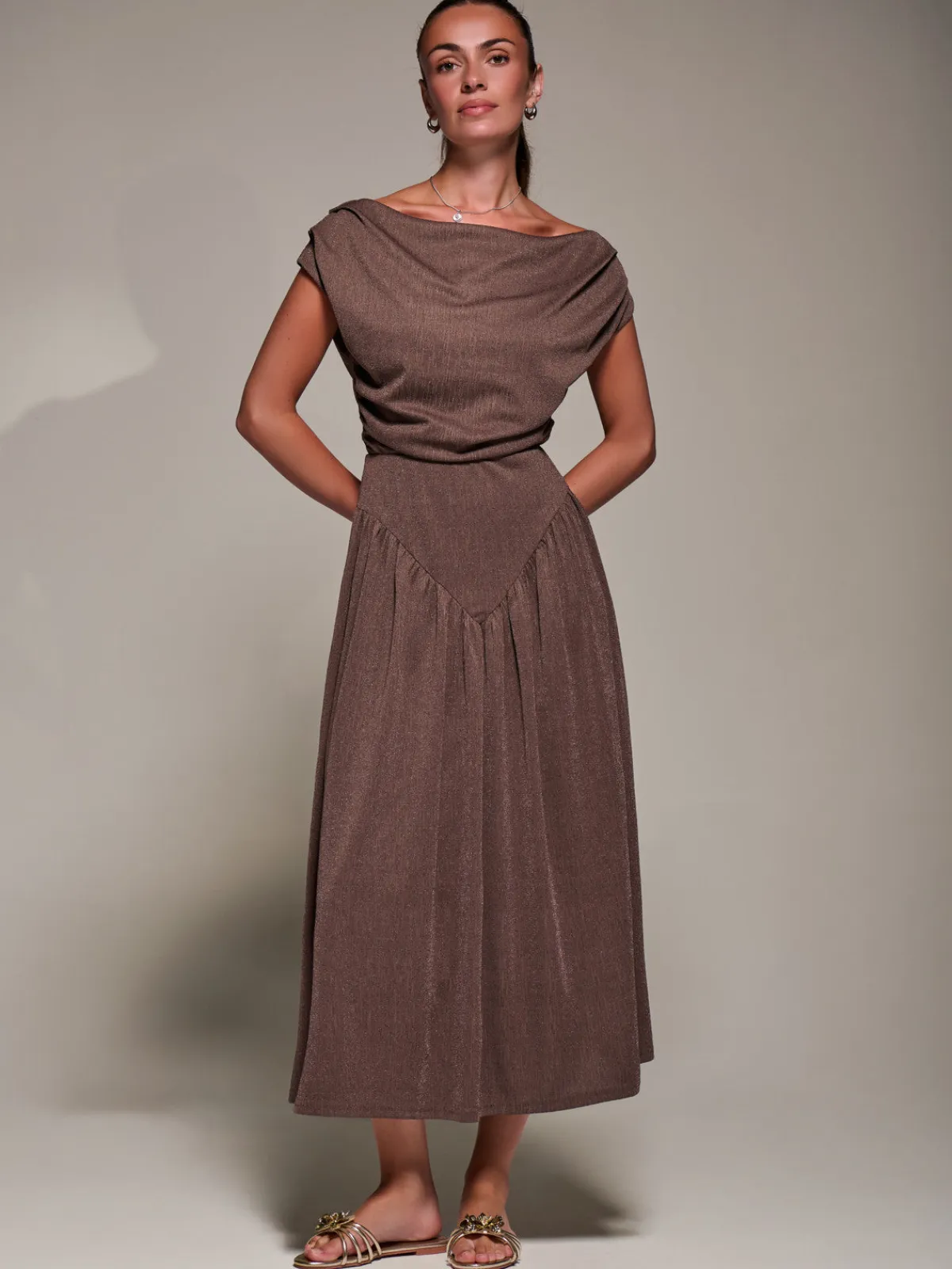 Jolie Moi Occasion Dresses|Maxi Dresses-Asymmetric Neckline Midaxi Dress, Brown