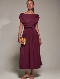 Jolie Moi Occasion Dresses|Maxi Dresses-Asymmetric Neckline Midaxi Dress, Burgundy
