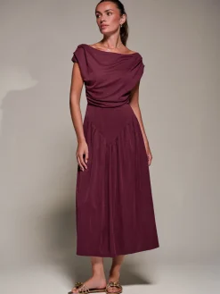 Jolie Moi Occasion Dresses|Maxi Dresses-Asymmetric Neckline Midaxi Dress, Burgundy