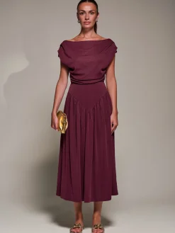 Jolie Moi Occasion Dresses|Maxi Dresses-Asymmetric Neckline Midaxi Dress, Burgundy