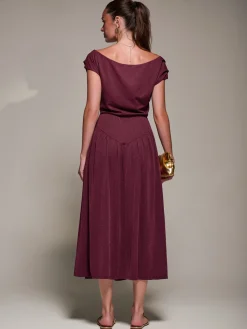 Jolie Moi Occasion Dresses|Maxi Dresses-Asymmetric Neckline Midaxi Dress, Burgundy