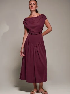 Jolie Moi Occasion Dresses|Maxi Dresses-Asymmetric Neckline Midaxi Dress, Burgundy