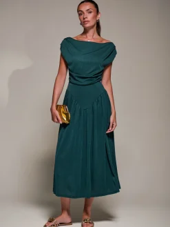 Jolie Moi Occasion Dresses|Maxi Dresses-Asymmetric Neckline Midaxi Dress, Dark Green