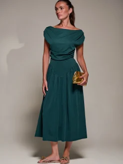 Jolie Moi Occasion Dresses|Maxi Dresses-Asymmetric Neckline Midaxi Dress, Dark Green