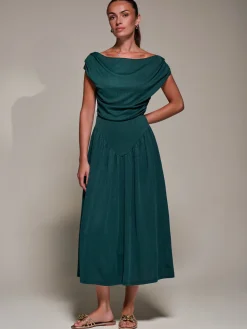 Jolie Moi Occasion Dresses|Maxi Dresses-Asymmetric Neckline Midaxi Dress, Dark Green