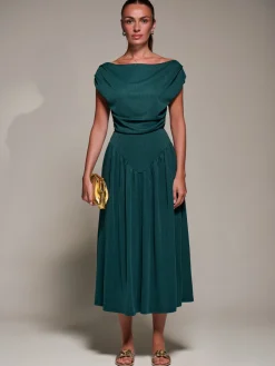 Jolie Moi Occasion Dresses|Maxi Dresses-Asymmetric Neckline Midaxi Dress, Dark Green