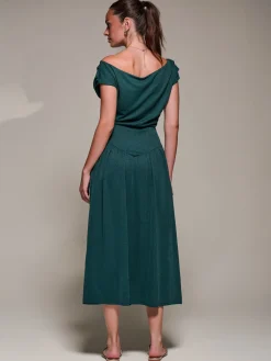 Jolie Moi Occasion Dresses|Maxi Dresses-Asymmetric Neckline Midaxi Dress, Dark Green