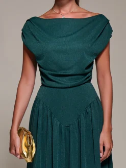 Jolie Moi Occasion Dresses|Maxi Dresses-Asymmetric Neckline Midaxi Dress, Dark Green