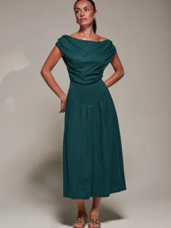 Jolie Moi Occasion Dresses|Maxi Dresses-Asymmetric Neckline Midaxi Dress, Dark Green