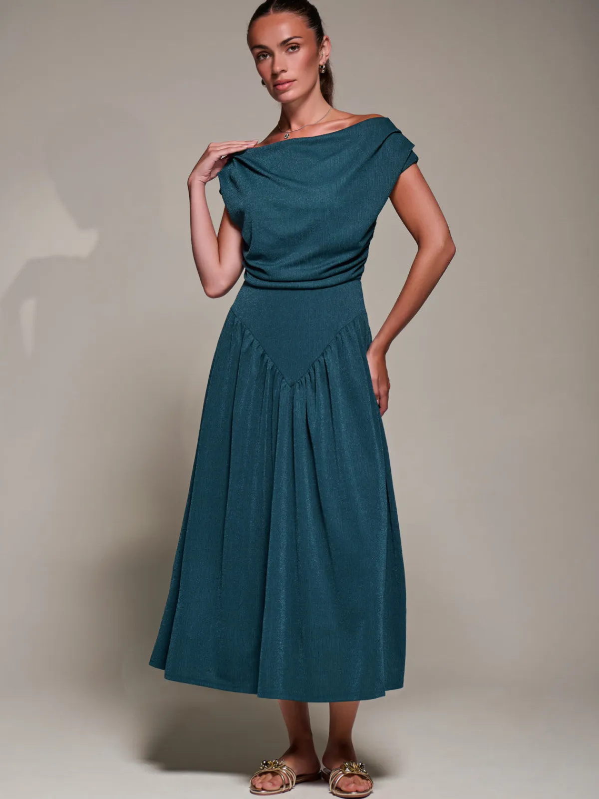 Jolie Moi Occasion Dresses-Asymmetric Neckline Midaxi Dress, Dark Teal