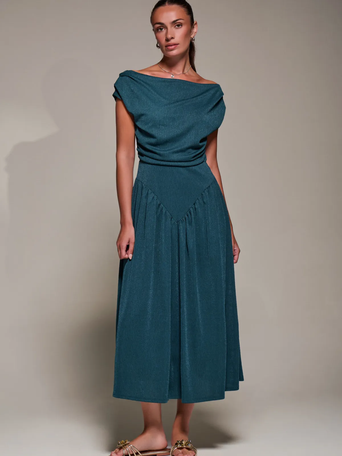 Jolie Moi Occasion Dresses-Asymmetric Neckline Midaxi Dress, Dark Teal