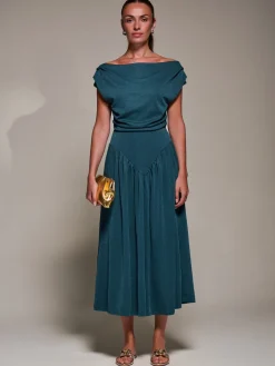 Jolie Moi Occasion Dresses-Asymmetric Neckline Midaxi Dress, Dark Teal