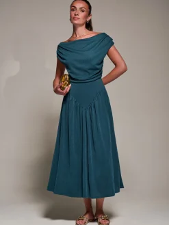 Jolie Moi Occasion Dresses-Asymmetric Neckline Midaxi Dress, Dark Teal
