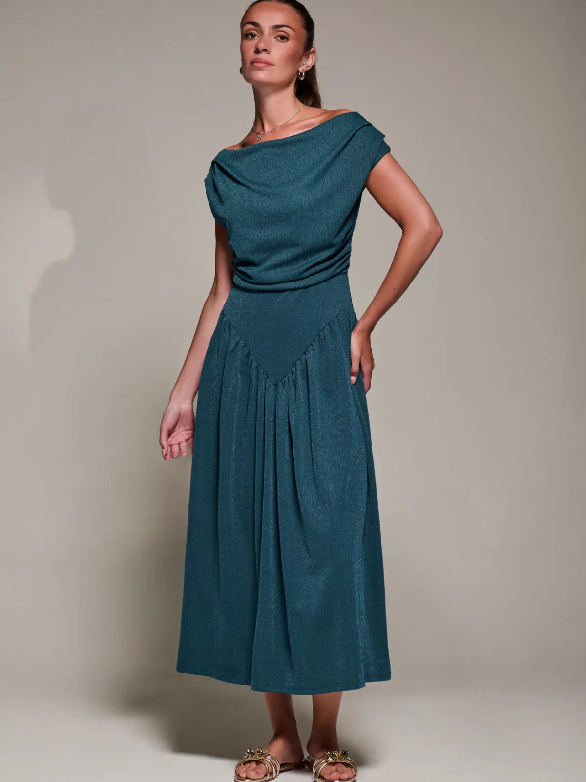 Jolie Moi Occasion Dresses-Asymmetric Neckline Midaxi Dress, Dark Teal