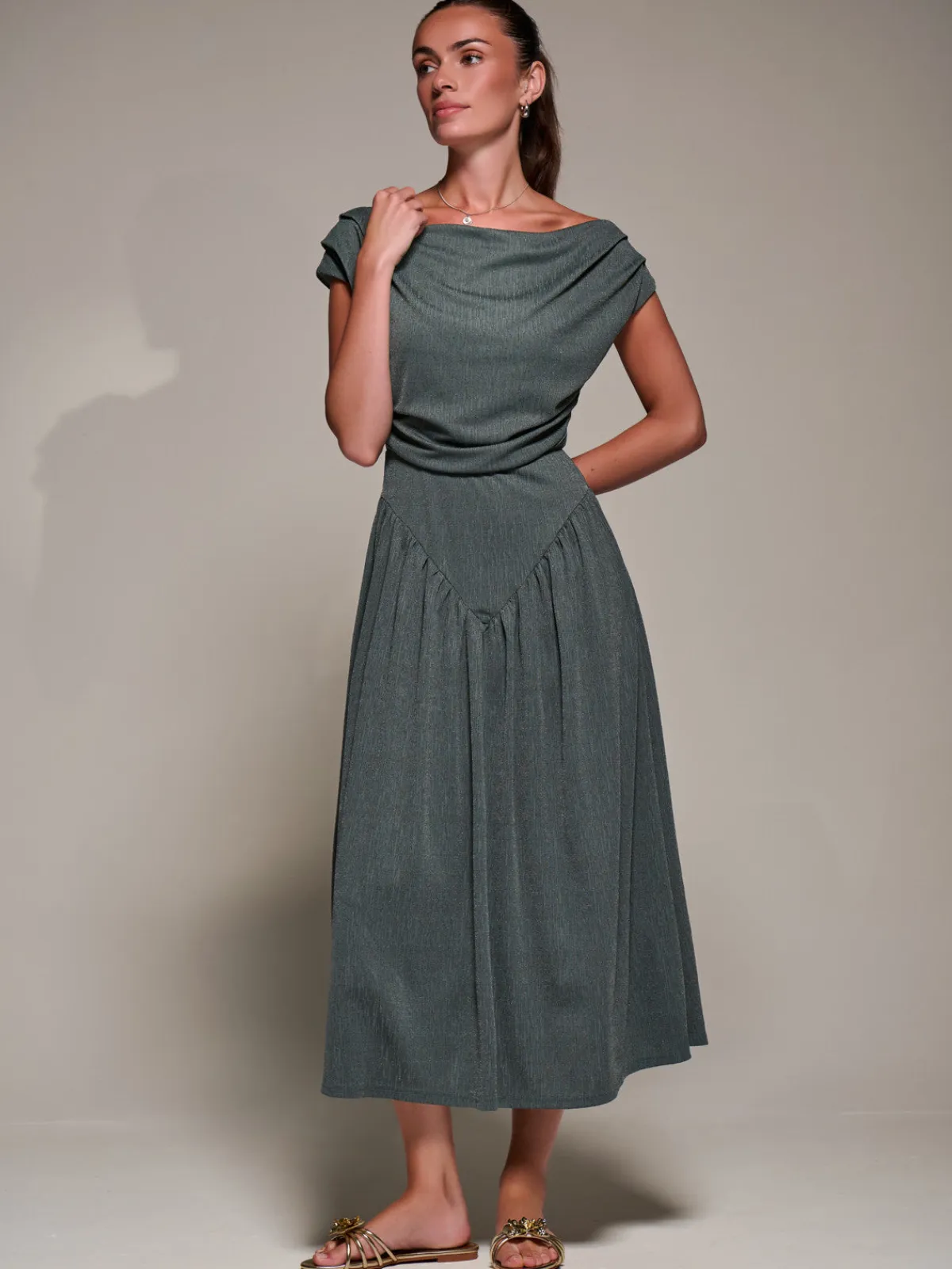 Jolie Moi Occasion Dresses|Maxi Dresses-Asymmetric Neckline Midaxi Dress, Khaki
