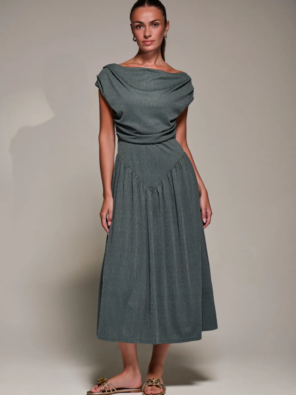 Jolie Moi Occasion Dresses|Maxi Dresses-Asymmetric Neckline Midaxi Dress, Khaki