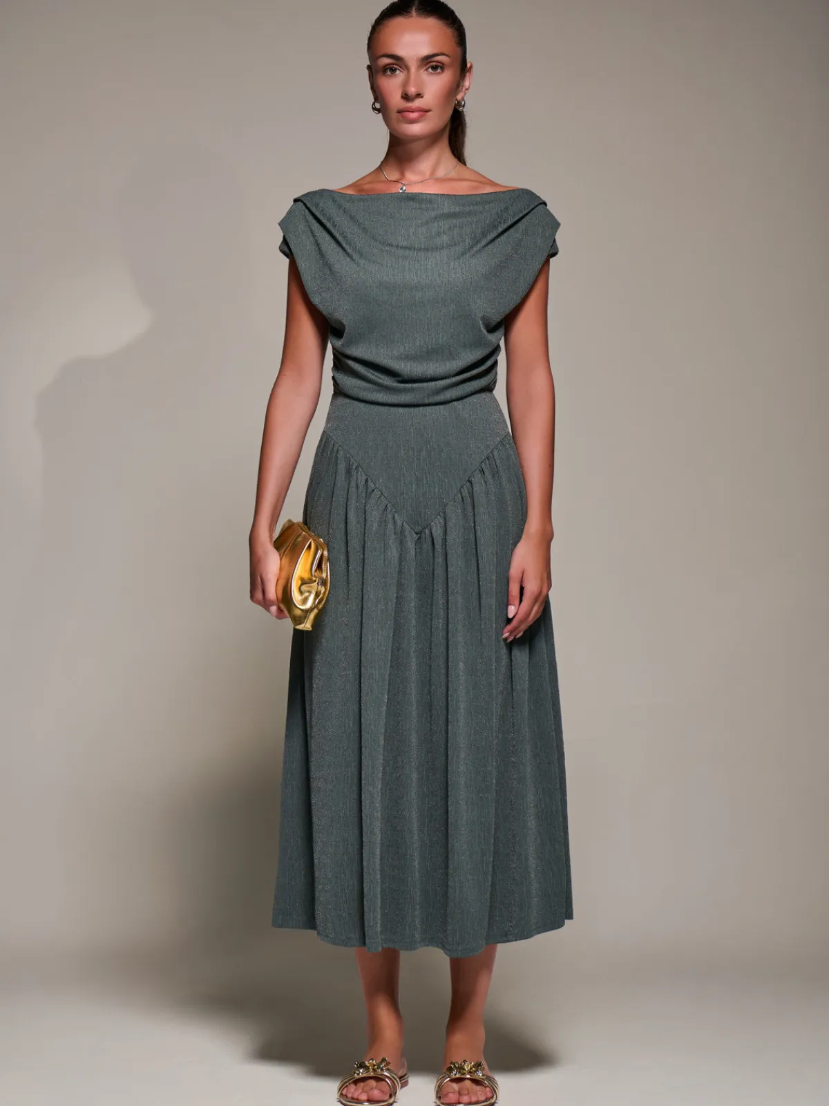 Jolie Moi Occasion Dresses|Maxi Dresses-Asymmetric Neckline Midaxi Dress, Khaki
