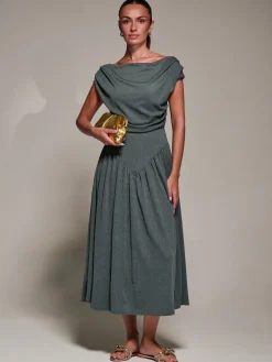 Jolie Moi Occasion Dresses|Maxi Dresses-Asymmetric Neckline Midaxi Dress, Khaki