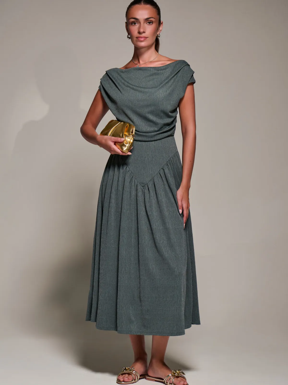 Jolie Moi Occasion Dresses|Maxi Dresses-Asymmetric Neckline Midaxi Dress, Khaki