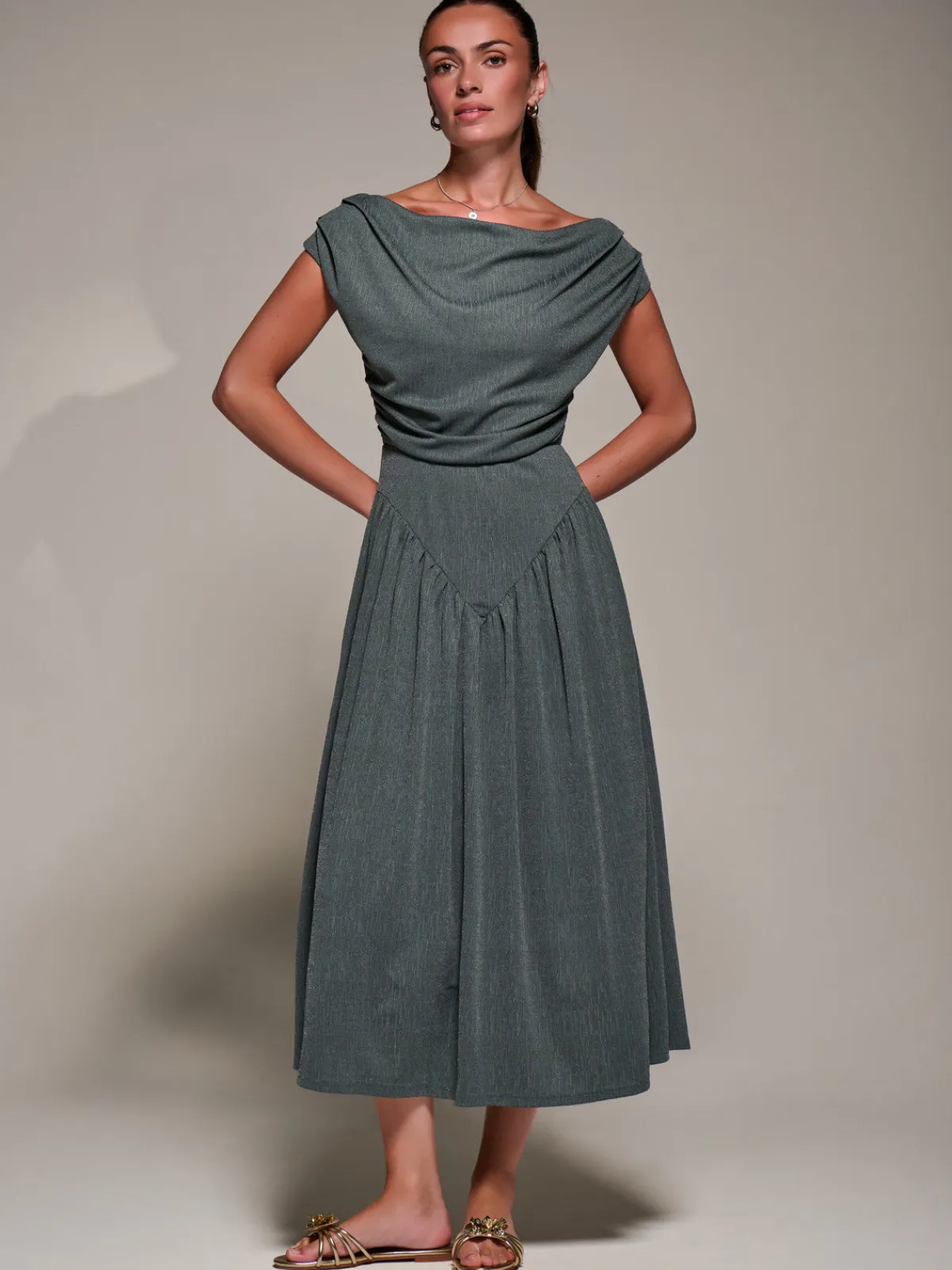 Jolie Moi Occasion Dresses|Maxi Dresses-Asymmetric Neckline Midaxi Dress, Khaki