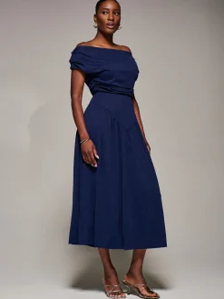 Jolie Moi Occasion Dresses|Maxi Dresses-Asymmetric Neckline Midaxi Dress, Navy