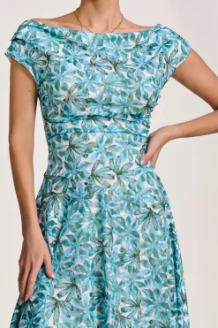 Jolie Moi Occasion Dresses|Weekend Casuals-Asymmetric Printed Lace Draped Dress, Blue Abstract