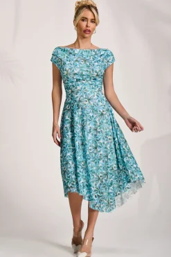 Jolie Moi Occasion Dresses|Weekend Casuals-Asymmetric Printed Lace Draped Dress, Blue Abstract