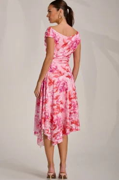 Jolie Moi Occasion Dresses|Floral Dresses-Asymmetric Printed Lace Draped Dress, Pink Floral