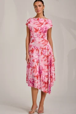 Jolie Moi Occasion Dresses|Floral Dresses-Asymmetric Printed Lace Draped Dress, Pink Floral