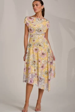Jolie Moi Occasion Dresses|Floral Dresses-Asymmetric Printed Lace Draped Dress, Yellow Floral