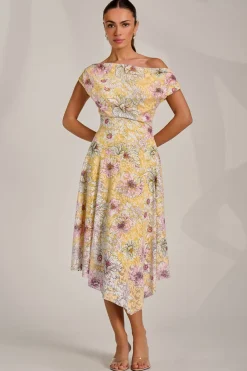 Jolie Moi Occasion Dresses|Floral Dresses-Asymmetric Printed Lace Draped Dress, Yellow Floral