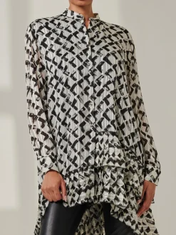 Jolie Moi Weekend Casuals|Shirts & Blouses-Asymmetric Tiered Hem Shirt, Black Abstract