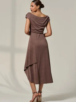 Jolie Moi Occasion Dresses|Sleeveless Dresses-Asymmmetric Draped Midi Dress, Chocolate