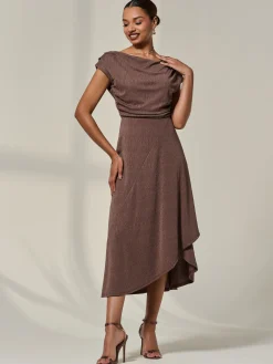 Jolie Moi Occasion Dresses|Sleeveless Dresses-Asymmmetric Draped Midi Dress, Chocolate