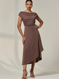 Jolie Moi Occasion Dresses|Sleeveless Dresses-Asymmmetric Draped Midi Dress, Chocolate