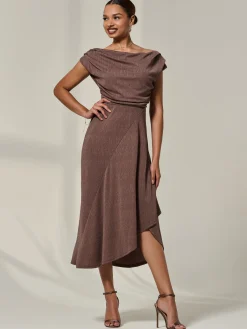 Jolie Moi Occasion Dresses|Sleeveless Dresses-Asymmmetric Draped Midi Dress, Chocolate
