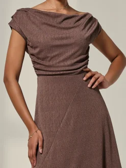 Jolie Moi Occasion Dresses|Sleeveless Dresses-Asymmmetric Draped Midi Dress, Chocolate