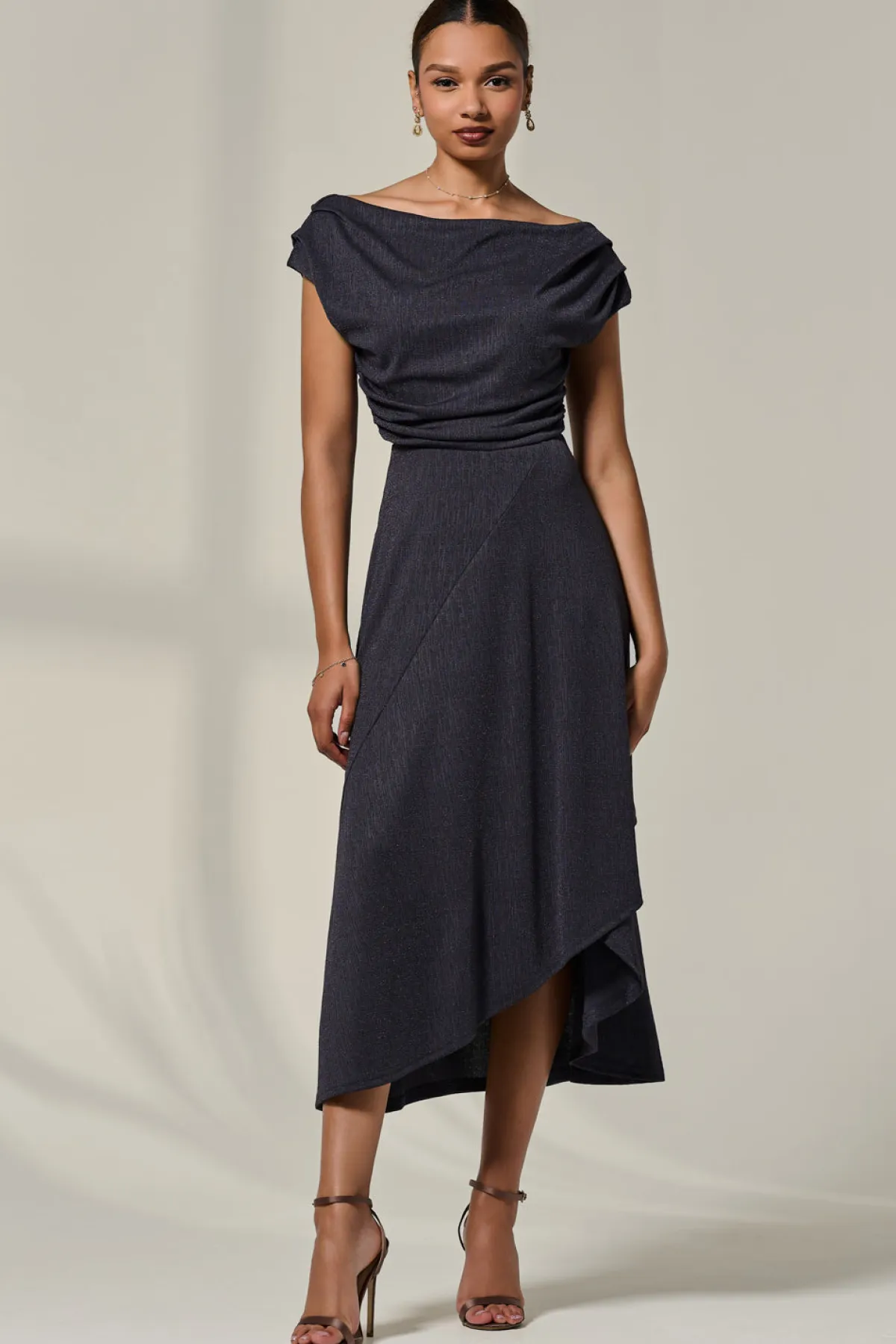 Jolie Moi Occasion Dresses|Sleeveless Dresses-Asymmmetric Draped Midi Dress, Dark Grey