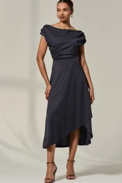 Jolie Moi Occasion Dresses|Sleeveless Dresses-Asymmmetric Draped Midi Dress, Dark Grey