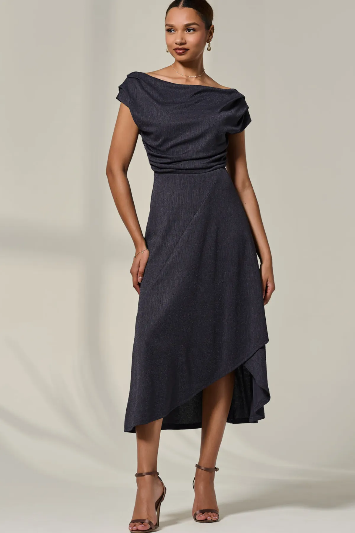Jolie Moi Occasion Dresses|Sleeveless Dresses-Asymmmetric Draped Midi Dress, Dark Grey